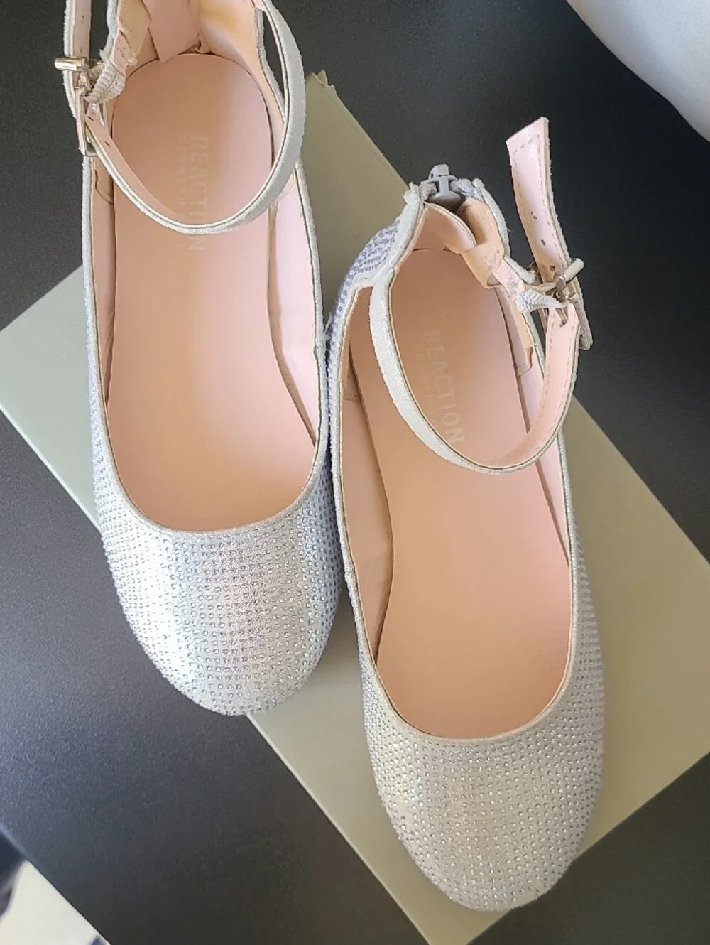 Reaction Kenneth Cole Shimmering Silver Ankle-Strap Flats